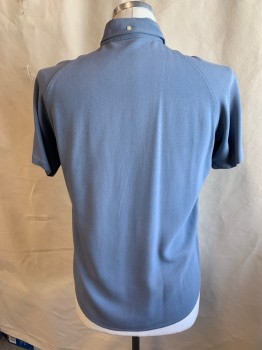 FORM FIT, Slate Blue, Polyester, Solid, Collar Attached, Button Down, Button Front, Raglan Short Sleeves, 1 Pocket, Curved Hem