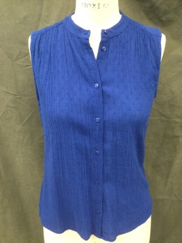 Womens, Top, & OTHER STORIES, Royal Blue, Cotton, Solid, Dots, 4, Crinkle Swiss Dot, Button Front, Stand Collar, Sleeveless, Gathered at Shoulder Seams and at Center Back Yoke
