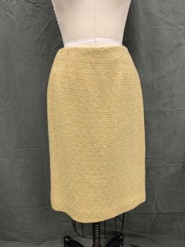 Womens, Skirt, N/L, Mustard Yellow, White, Wool, 2 Color Weave, Basket Weave, H 38, W 26, Pencil Skirt, Back Zip, Back Slit Vent,
