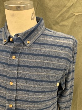 OBEY PROPAGANDA, Navy Blue, White, Cotton, Heathered, Stripes - Horizontal , Button Front, Collar Attached, Button Down Collar, 1 Pocket, Long Sleeves, Button Cuff