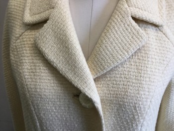 Womens, Coat, N/L, Cream, Wool, Solid, B 42, 3 Buttons,  Notched Lapel, Chunky Knit Weave, Full Length, 2 Welt Pocket,