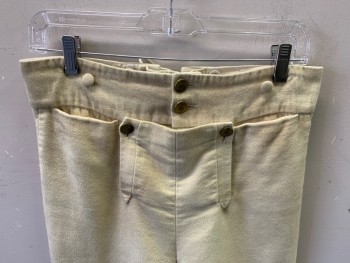 MBA LTD, Cream, Cotton, Solid, Military Uniform Breeches, Brushed Twill, Fall Front, Knee Length, Gold Buttons and Buckle at Leg Opening, Lacings/Ties at Center Back Waist, Aged/Dirty, Made To Order Reproduction Late 1700's Early 1800's