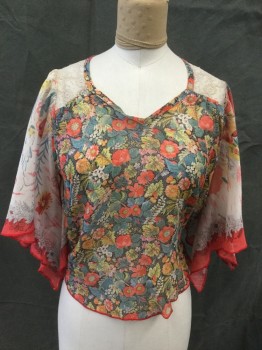 Womens, Top, N/L, Red, Green, Yellow, Black, White, Cotton, Floral, S, Sheer, Darker Floral Pattern Body, Lighter Floral Pattern Sleeves, V-neck, Taupe Floral Lace Shoulders/Back Yoke, Pleated at Front Shoulders, Flutter Sleeves, Attached Self Tie From Side Seams