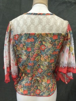 Womens, Top, N/L, Red, Green, Yellow, Black, White, Cotton, Floral, S, Sheer, Darker Floral Pattern Body, Lighter Floral Pattern Sleeves, V-neck, Taupe Floral Lace Shoulders/Back Yoke, Pleated at Front Shoulders, Flutter Sleeves, Attached Self Tie From Side Seams