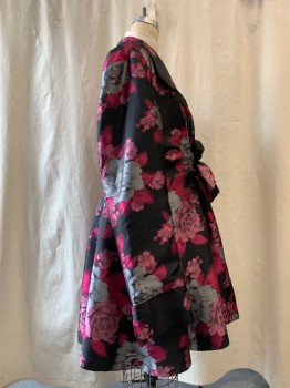 VERRY T, Black, Magenta Pink, Pink, Silver, Polyester, Floral, Open Collar Attached, 2 Large Black Buttons, Self Tie Belt, 2 Pockets,