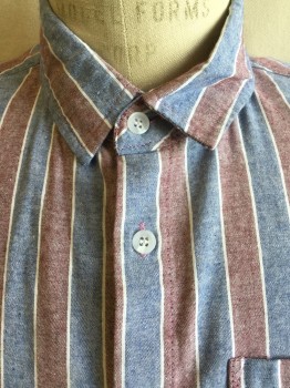 SOVEREIGN CODES, Steel Blue, Dk Red, White, Cotton, Heathered, Stripes - Vertical , White /Heather Steel Blue and dark Red Vertical Stripes, Collar Attached, Button Front, 1 Pocket, Short Sleeves, Curved Fray Hem
