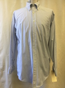 BROOKS BROTHERS, Navy Blue, White, Cotton, Stripes - Vertical , Button Down Collar, Long Sleeves, 1 Pocket,