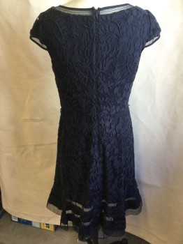 ADRIANNA PAPELL, Navy Blue, Cotton, Polyester, Floral, Leaves/Vines , Navy Elastic Net Trim Wide Neck, Cut-out Cap Sleeves, Ruffle Hem, Nave Floral/leaves Lace with Navy Lining, Zip Back, (NO BELT)