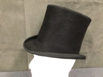 KAMINSKY, Black, Fur, Top Hat, 6 1/4" Tall Crown, Rolled Side Brim