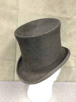 Mens, Historical Fiction Hat , KAMINSKY, Black, Fur, 57, 7 1/8, Top Hat, 6 1/4" Tall Crown, Rolled Side Brim