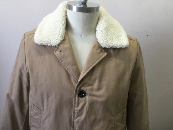 Mens, Coat, Overcoat, G STAR RAW, Tan Brown, Cream, Cotton, Sherpa, Solid, L, Collar Attached, Single Breasted, 2 Pockets, Cream Sherpa Collar