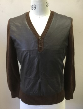 CONFEZIONI CARMEN, Brown, Wool, Leather, Solid, Knit Long Sleeves, Back and Trim, Leather Front Panel, V-neck with 2 Buttons, 1 Welt Pocket at Chest,