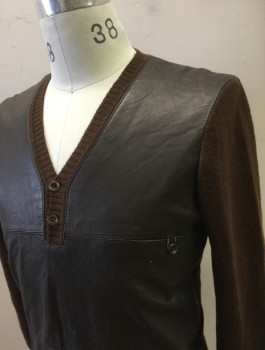 Mens, Sweater, CONFEZIONI CARMEN, Brown, Wool, Leather, Solid, M, Knit Long Sleeves, Back and Trim, Leather Front Panel, V-neck with 2 Buttons, 1 Welt Pocket at Chest,