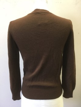 Mens, Sweater, CONFEZIONI CARMEN, Brown, Wool, Leather, Solid, M, Knit Long Sleeves, Back and Trim, Leather Front Panel, V-neck with 2 Buttons, 1 Welt Pocket at Chest,