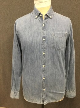 SCOTCH & SODA, Denim Blue, Cotton, Solid, Button Front, Collar Attached, Button Down Collar, Long Sleeves, 1 Pocket