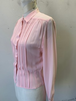 Womens, Blouse, NEGRESCO, Lt Pink, Silk, Solid, W:27, B:36, Sheer Chiffon, Long Sleeves, Hidden Snap Closures at Front, Collar Attached, Vertical Pin Tucks and Pleats at Front,