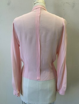 Womens, Blouse, NEGRESCO, Lt Pink, Silk, Solid, W:27, B:36, Sheer Chiffon, Long Sleeves, Hidden Snap Closures at Front, Collar Attached, Vertical Pin Tucks and Pleats at Front,