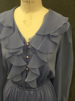 AMY DEB, Periwinkle Blue, Polyester, Solid, Pearl Button Loop Front Top, Chiffon Ruffle Collar Attached with Ruffle Down Front Underneath, Elastic Waistband, Sheer Long Sleeves with Solid Button Cuffs, Hem Below Knee