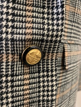PENDLETON, Off White, Black, Beige, Wool, Glen Plaid, Single Breasted, Notched Lapel, 2 Button, 2 Flap Pockets, Padded Shoulders, Black Lining