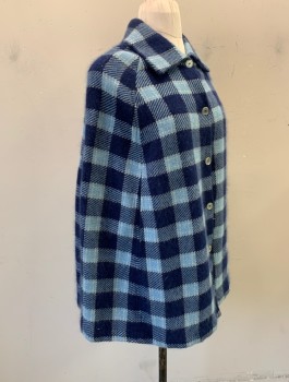 Womens, Cape/Poncho, N/L, Navy Blue, Lt Blue, Off White, Wool, Polyester, Check , O/S, 5 Button Front, Collar Attached, Raglan Seams, Armholes at Sides, Waist Length, No Lining,
