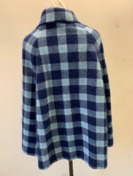 Womens, Cape/Poncho, N/L, Navy Blue, Lt Blue, Off White, Wool, Polyester, Check , O/S, 5 Button Front, Collar Attached, Raglan Seams, Armholes at Sides, Waist Length, No Lining,