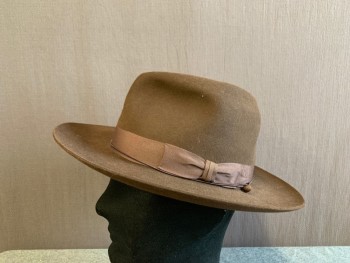 Mens, Fedora, SHAUNZO'S HAT CITY, Dk Brown, Fur, Solid, 57, 7 1/8, Felted, Faille Hat Band with Self Bow, Wind Trolley, Retro 1970s