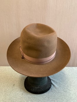 Mens, Fedora, SHAUNZO'S HAT CITY, Dk Brown, Fur, Solid, 57, 7 1/8, Felted, Faille Hat Band with Self Bow, Wind Trolley, Retro 1970s