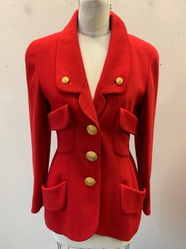 Womens, Suit, Jacket, CHANEL BOUTIQUE, Red, Wool, Silk, Solid, W28, B34.5, Jacket, Heavy Weight Gabardine, 3 Gold Buttons in Faux Braid, 4 Fold Over Pockets, Lapels with 2 Smaller Buttons, 1 Button Center Back Neck, Silk Lining