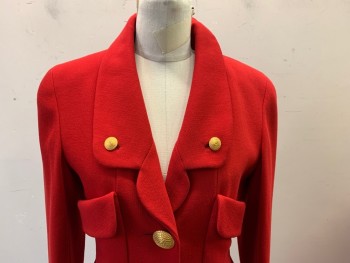 CHANEL BOUTIQUE, Red, Wool, Silk, Solid, Jacket, Heavy Weight Gabardine, 3 Gold Buttons in Faux Braid, 4 Fold Over Pockets, Lapels with 2 Smaller Buttons, 1 Button Center Back Neck, Silk Lining