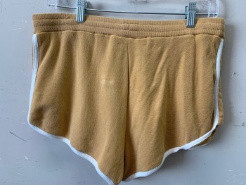 Mens, Shorts, N/L, Tan Brown, Cotton, Solid, W32-36, Athletic Jogging Shorts, Jersey, White Side Stripe and Trim at Leg Opening, Elastic Waist, Short 2" Inseam, 1970's/1980's,