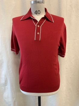 Mens, Polo Shirt, KINGS ROAD, Red Burgundy, Nylon, M, Collar Attached, 1/4 Button Front, Short Sleeves, White Trim