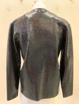 ST.JOHN, Black, Vinyl, Synthetic, Grid , Shiny Grid of Squares on Knit Base, L/S, Round Neck, Open Front with No Closures