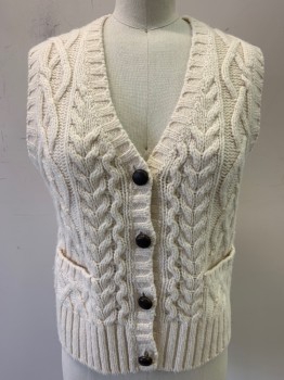 Womens, Sweater Vest, RE/DONE, Ivory White, Wool, Cable Knit, XS, Button Front, Leather Buttons, 2 Pockets,