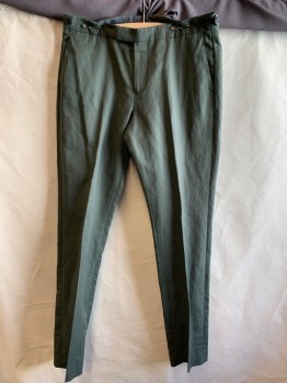 Mens, Casual Pants, Reiss, Olive Green, Linen, Cotton, Solid, 34, 34, Zip Front, 4 Pockets, Clips on Front Waist, 2 Buttons On Sides of Waist for Adjustments
