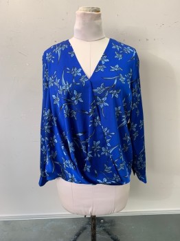 Womens, Top, VINCE CAMUTO, Primary Blue, Lt Blue, Black, Polyester, Floral, B38, M, V-N, Snap at Bust, L/S, Wrap Style Pleated By Right Side Hem