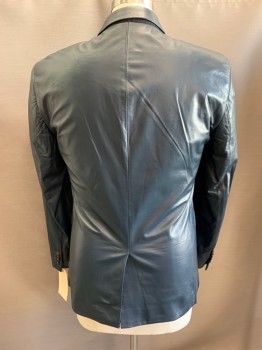 Mens, Leather Jacket, N/L, Navy Blue, Leather, Solid, 40, Single Breasted, 2 Buttons,  Notched Lapel, 3 Pockets,