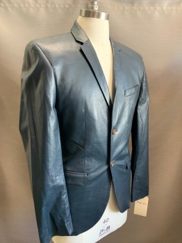 Mens, Leather Jacket, N/L, Navy Blue, Leather, Solid, 40, Single Breasted, 2 Buttons,  Notched Lapel, 3 Pockets,