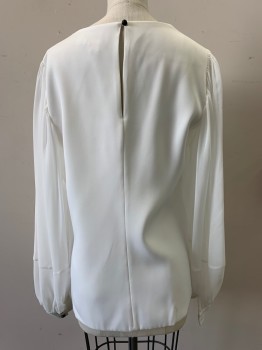 Womens, Blouse, TED BAKER, White, Black, Polyester, Solid, S, CN, L/S, Pull On, Button Back Neck, Sheer Puff Sleeves with Black Button Cuffs, Black Bow And Flower CF Neck,