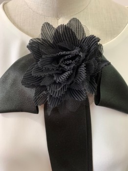 Womens, Blouse, TED BAKER, White, Black, Polyester, Solid, S, CN, L/S, Pull On, Button Back Neck, Sheer Puff Sleeves with Black Button Cuffs, Black Bow And Flower CF Neck,