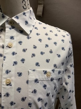 Mens, Casual Shirt, TED BAKER, White, French Blue, Cotton, Floral, 40, C.A., Button Front, L/S, 1 Pocket,