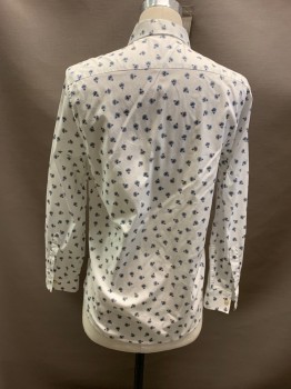 Mens, Casual Shirt, TED BAKER, White, French Blue, Cotton, Floral, 40, C.A., Button Front, L/S, 1 Pocket,