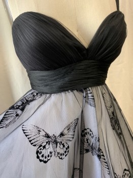 JOVANI, Black, White, Polyester, Color Blocking, Deep Sweetheart Neckline, One Shoulder Strap, Black Diagonal Pleated Bust, Horizontal Pleated Waist, White Tulle Under Skirt, Black Tulle Over Lay with Black Velvet Butterflies, Fit & Flare, Zip Back
