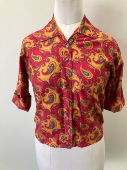 ADELAA, Red/Ochre/Green Paisley, B.F., C.A., 3/4 sleeve with Fold Up Cuff