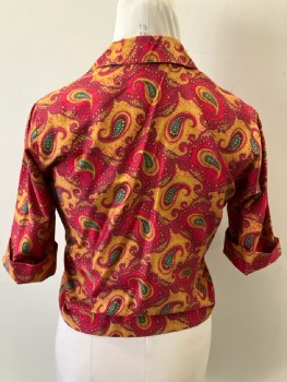 Womens, Top, ADELAA, B:38, Red/Ochre/Green Paisley, B.F., C.A., 3/4 sleeve with Fold Up Cuff