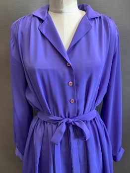 Kay Brandon, Purple, Polyester, Solid, L/S, Button Front, C.A., Notched Lapel, Elastic Waist Band, Side Pockets, with Matching Waist Tie, Shoulder Pads