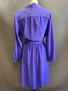 Kay Brandon, Purple, Polyester, Solid, L/S, Button Front, C.A., Notched Lapel, Elastic Waist Band, Side Pockets, with Matching Waist Tie, Shoulder Pads