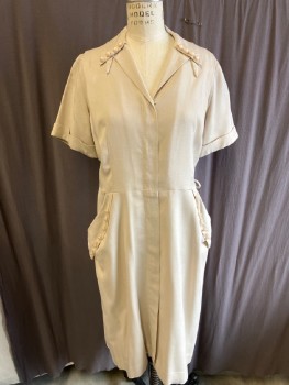 Womens, Dress, N/L, Beige, Rayon, Solid, W32, B38, Wing Collar, CF  Zip Front Hidden Placket, Cuffed S/S, With 2 Side Pockets. Btn Detail See Photos,