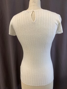 Womens, Top, JOIE, Off White, Viscose, Wool, Solid, S, CN, S/S, Scalloped Trim Sleeves, Keyhole Back, Rib Knit,