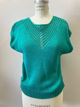 Womens, Sweater, CAMPUS CASUALS, B:36, Turquoise, Pull On, Cap Sleeve, Boat Neck, Openwork Bib And Shouldrs, Rib Knit Waistband,