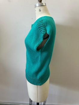 Womens, Sweater, CAMPUS CASUALS, B:36, Turquoise, Pull On, Cap Sleeve, Boat Neck, Openwork Bib And Shouldrs, Rib Knit Waistband,